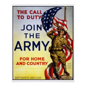 Vintage Recruiting Poster Of A Soldier Playing A Trumpet, With The Words &Quot;The Call To Duty, Join The Army, For Home And Country&Quot;