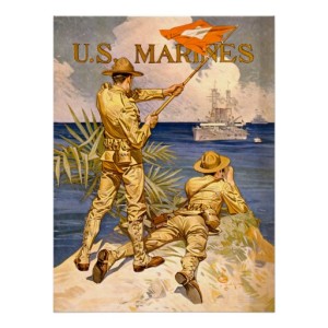 Vintage Marine Recruiting Poster (2 Marines Spotting And Signalling A Ship At Sea)