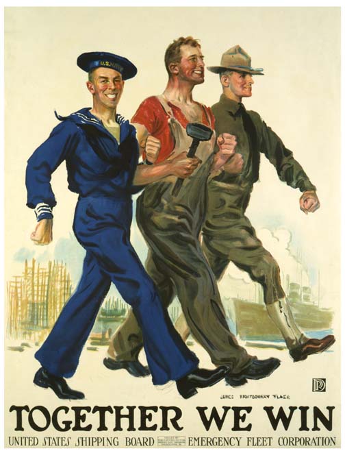 Wwii Recruiting Poster Showing A Sailor, An Iron Worker,And A Ranger Marching In Unison, Aboe The Words &Quot;Together We Win&Quot;