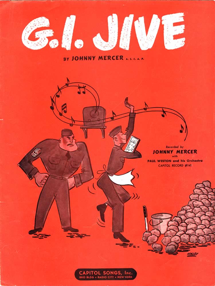 G.i. Jive Sheet Music Cover, Depicting A Soldier In Front Of A Pile Of Unpeeled Potatoes, Dancing To Music, Holding A Picture Of A Woman, And Being Glared At By A Sergeant