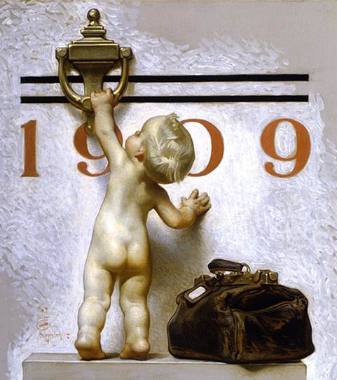 Vintage Leyendecker Drawing Of &Quot;New Year's Baby&Quot; Reaching For The Door Knocker Marked &Quot;1909&Quot;