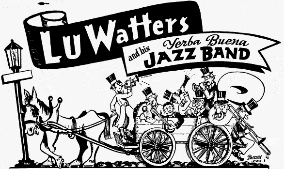 The jazz band's logo, featuring a dixieland band performing on the back of a horsedrawn wagon on a cobblestone street