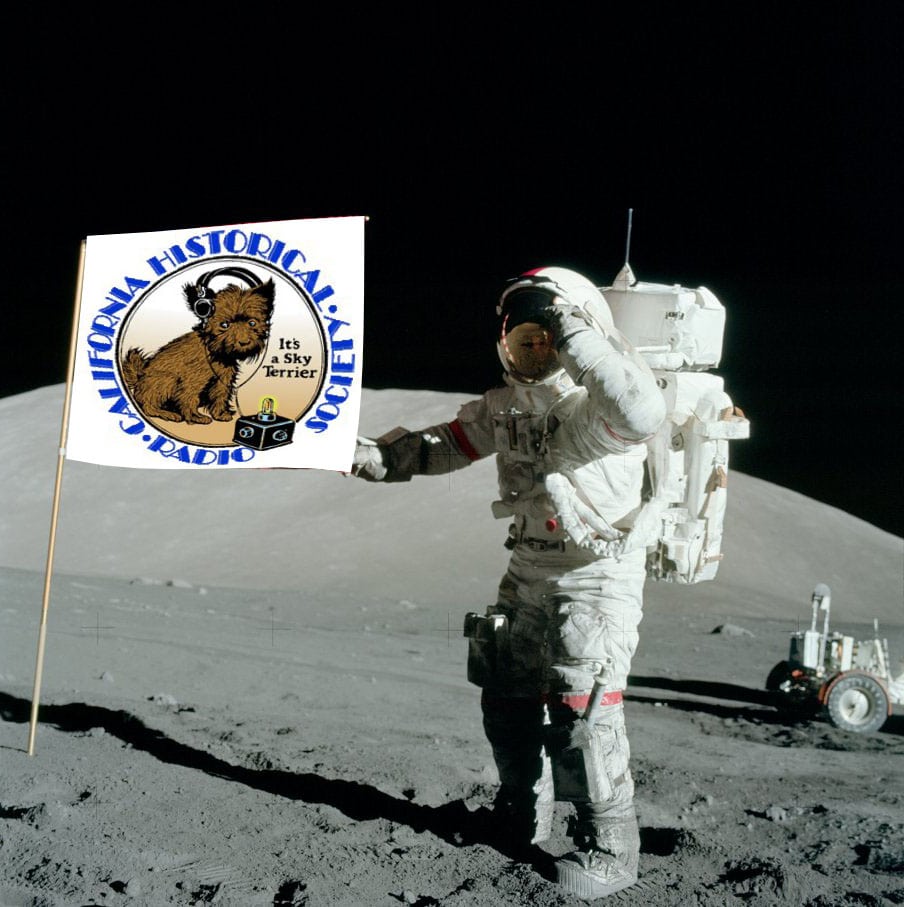 Photo of astronaut on the moon, raising the flag with the CHRS logo
