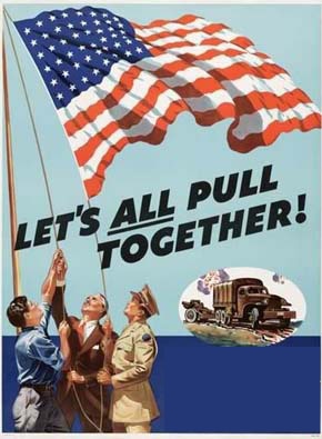 Vintage Wartime Poster, Showing Three People Raising An American Flag, With The Words &Quot;Let&Apos;S All Pull Together&Quot;