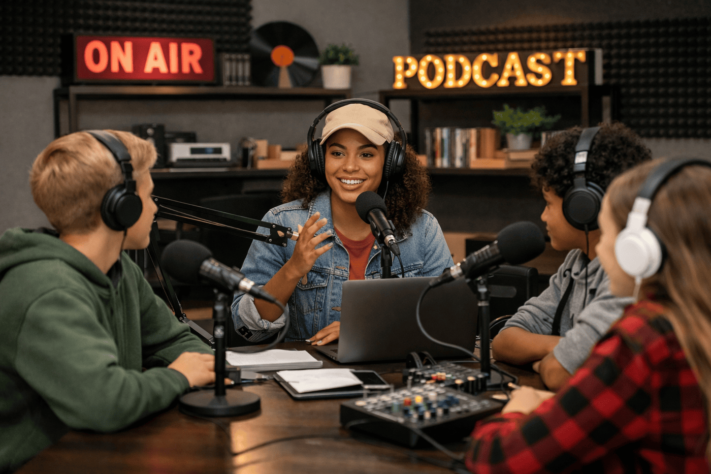 Young Woman In A Podcasting Studio With Young Students (Ai Generated)