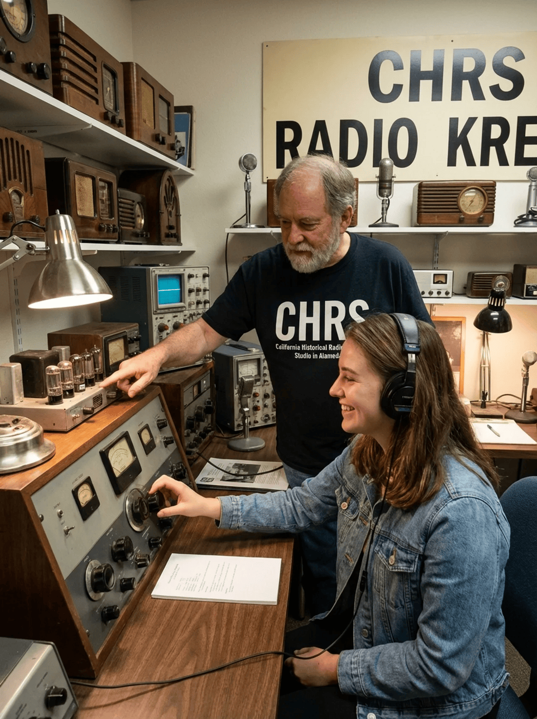 Two Peope, A Man Pointing At A Radio Tube And A Younger Woman Turning A Tube On A Classic Radio