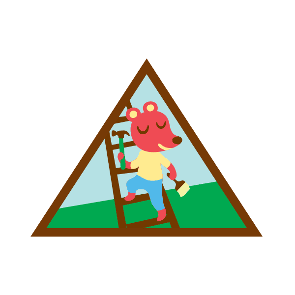 Girl Scout Brownie Craft and Tinker badge featuring a smiling cartoon bear climbing a ladder while holding a paintbrush and a small bucket inside a triangular badge design.