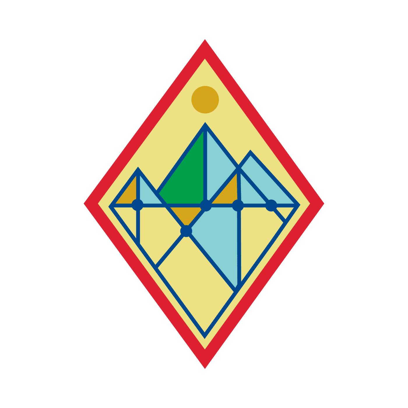 Girl Scout Cadette Digital Leadership badge featuring a geometric mountain landscape made of interconnected shapes and nodes beneath a sun, symbolizing digital networks and leadership, inside a diamond-shaped badge with a red border.