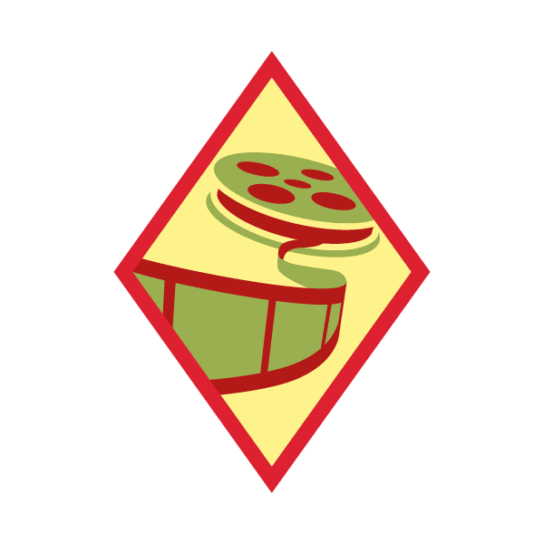 Girl Scout Cadette Digital Filmmaking badge featuring a green film reel with red filmstrip inside a diamond-shaped badge with a red border.