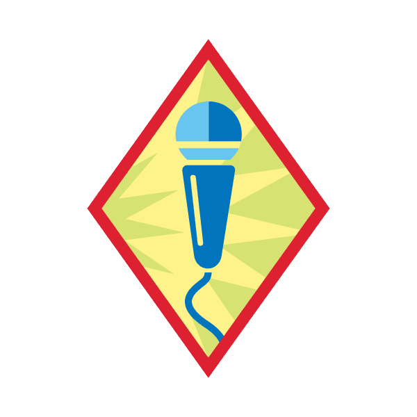 Girl Scout Cadette Public Speaker badge featuring a blue microphone with a cord inside a diamond-shaped badge with a red border and light green background.