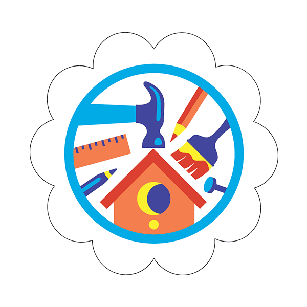 Girl Scout Craft and Tinker badge featuring a birdhouse surrounded by crafting tools, including a hammer, paintbrush, pencil, ruler, crayon, and nail inside a circular blue border with a flower-shaped edge.