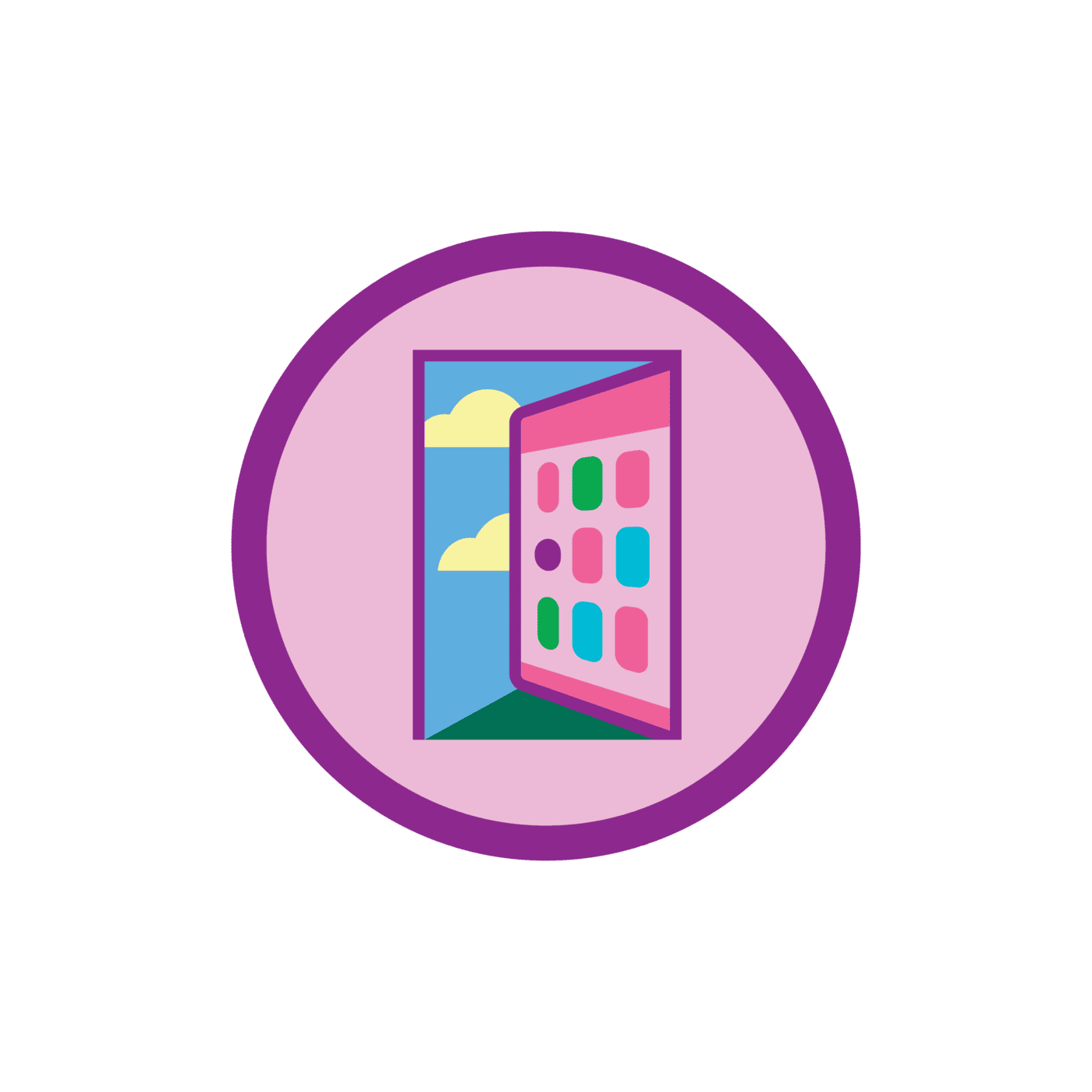 Girl Scout Junior Digital Leadership badge featuring a smartphone displaying colorful app icons and a landscape scene inside a circular badge with a purple border.