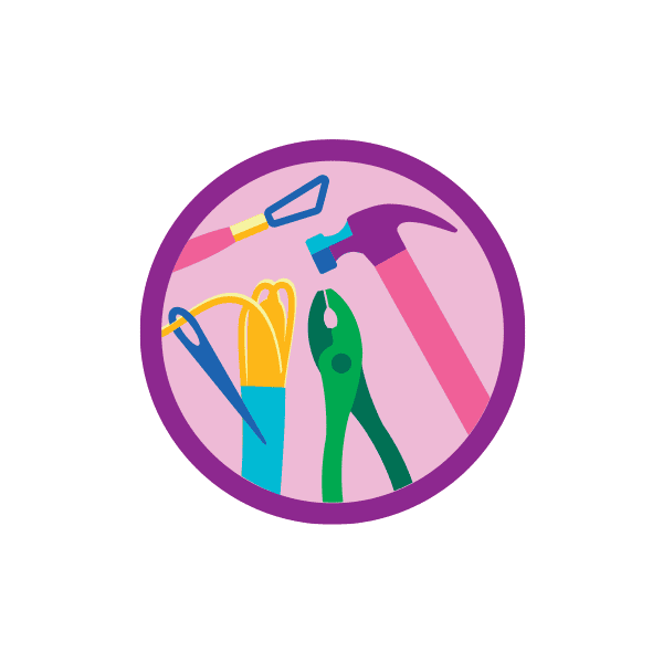 Girl Scout Junior Craft and Tinker badge featuring crafting and building tools, including a hammer, pliers, needle and thread, and a trowel, inside a circular badge with a purple border.