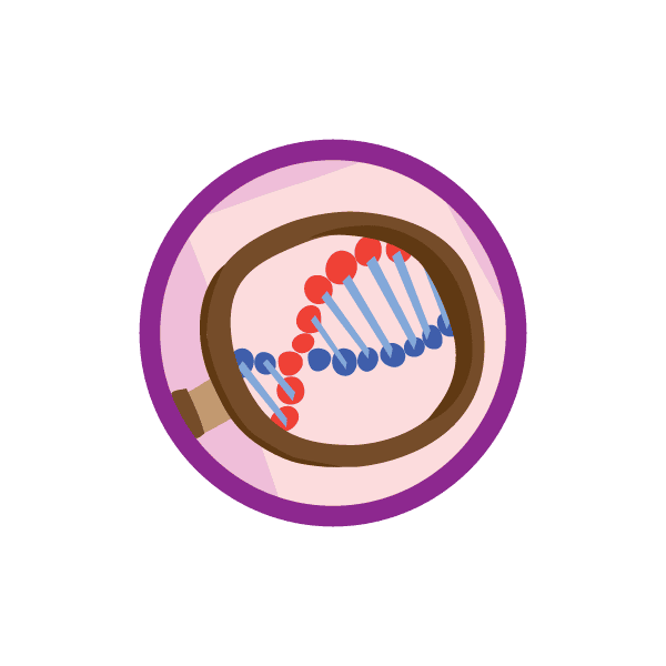 Girl Scout Junior Detective badge featuring a magnifying glass examining a DNA strand inside a circular badge with a purple border.
