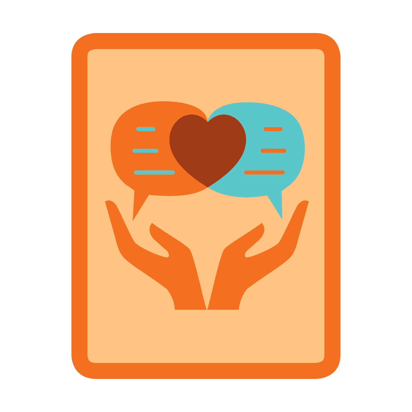 Girl Scout Senior Digital Leadership badge featuring two speech bubbles with a heart between them, supported by open hands, symbolizing positive online communication and leadership.