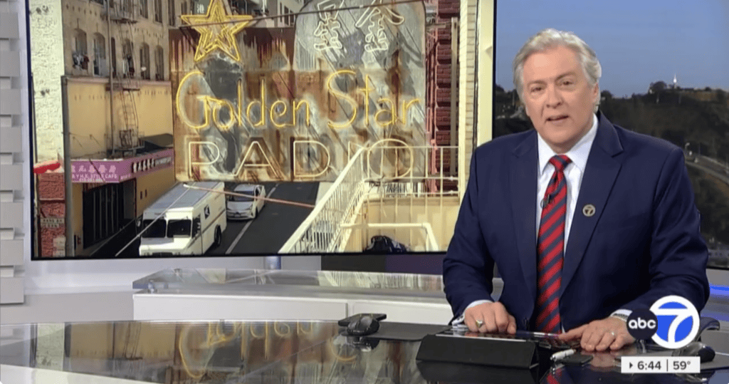 Abc7 Anchor Dan Ashley Presenting A Story About The Golden Star Radio Sign Restoration