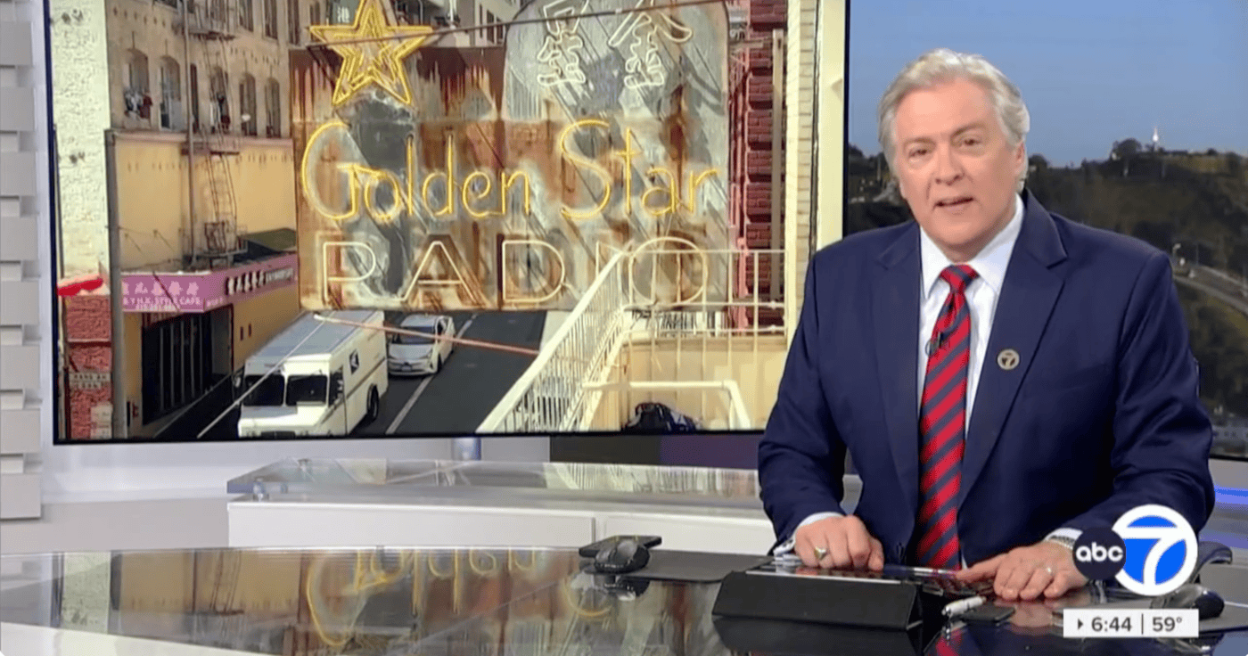 Abc7 Anchor Dan Ashley Presenting A Story About The Golden Star Radio Sign Restoration